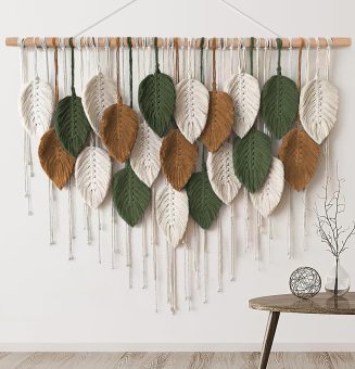 Large Macrame Wall Hanging Boho Woven Tapestry, Chic Home Decor Modern Bohemian Handmade Leaf Feather Wall Art Decorations for Apartment Dorm Living Room Bedroom Nursery Backdrop 39"W X 29.5"L