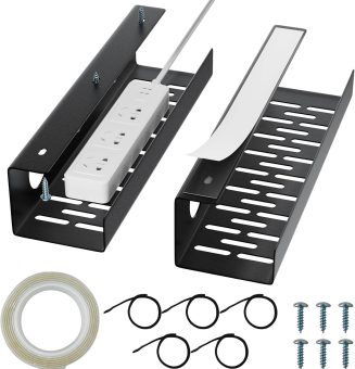 Self-Adhesive Under Desk Cable Management Tray 2 Pcs Steel Under Desk Wires Organizer Power Strip Management No Drill Under Table Organizer for Cable Storage Holder for Office Home Desk/Table