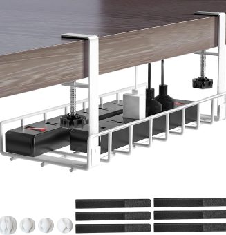 Under Desk Cable Management Tray, Xpatee Upgraded Wire Management No Drill No Screws, Cable Tray with Clamp for Wire Organizers, Computer Cord Rack for Office, Home - No Damage to Desk White