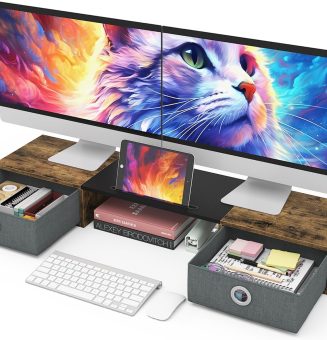 WESTREE Dual Monitor Stand Riser with Two Drawers, Extra Large Storage for 2 Monitors, Desktop Oraganizer Computer,Laptop,Screen,Printer,TV